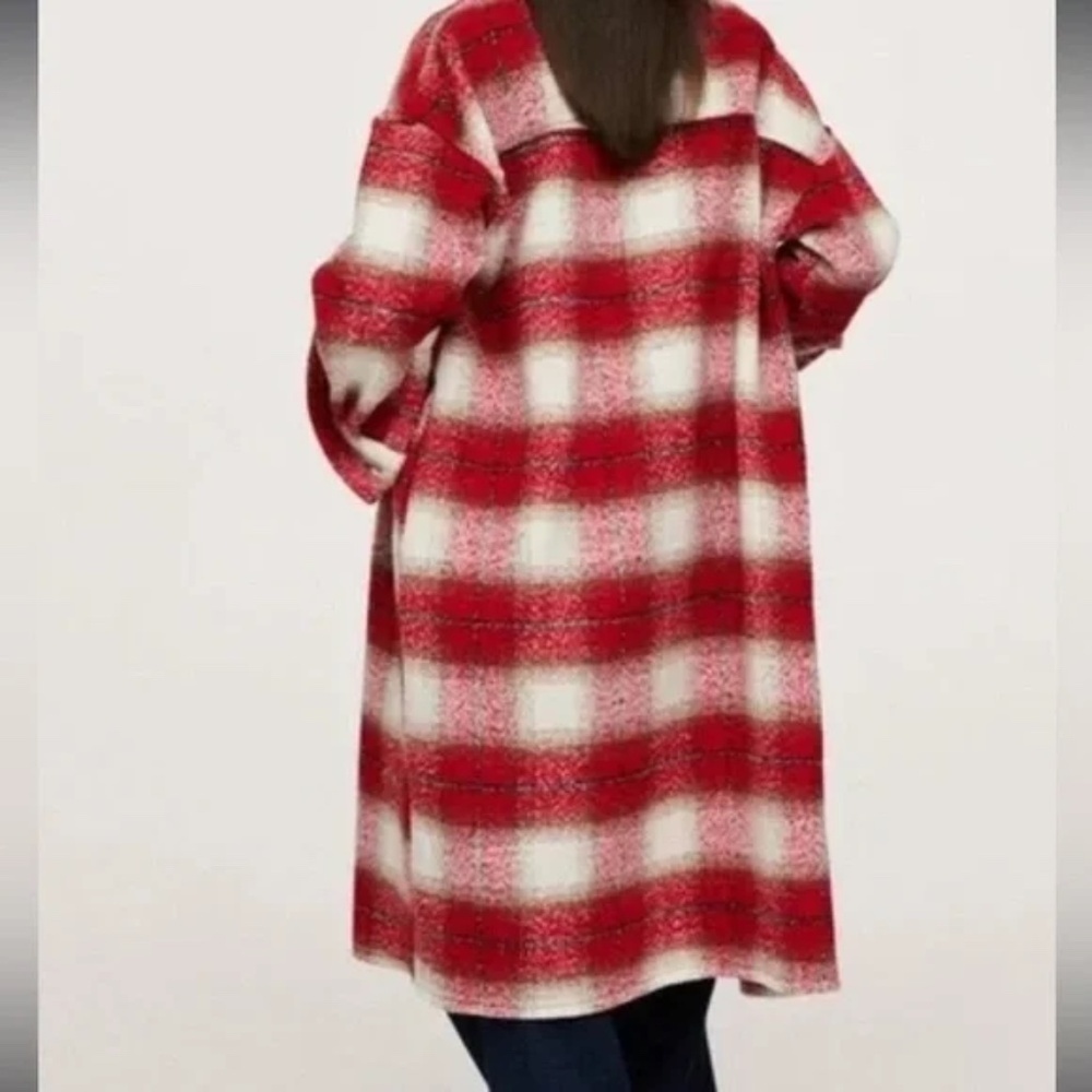 Mango Plaid Shirt Coat Red Black Cream Oversized Shacket Women’s M/L Wool Blend - Picture 5 of 11